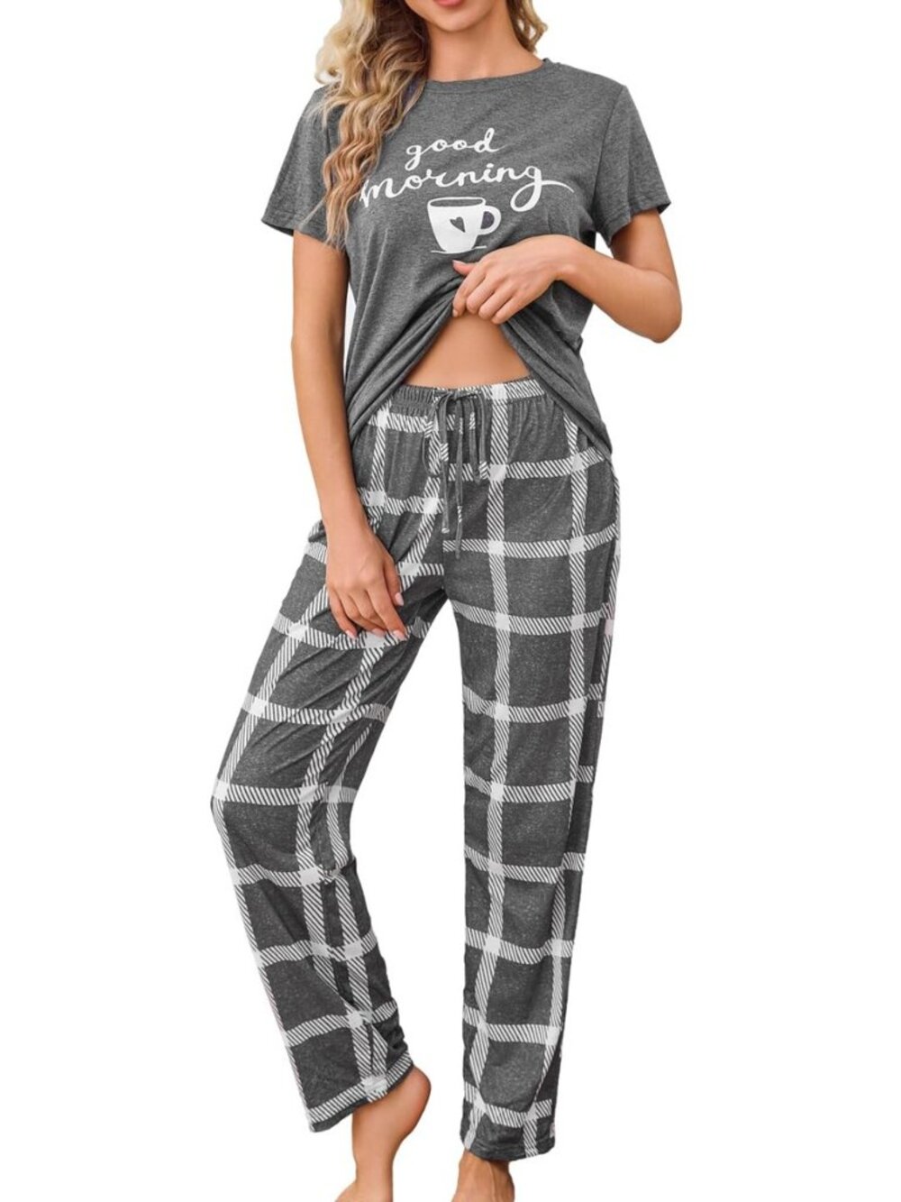 Womens Pajama Sets Short Sleeve Long Pants Sleepwear with Pockets